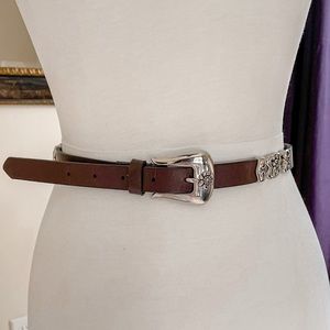 Vintage Genuine Leather Belt Silver Floral Buckle Accents S/M